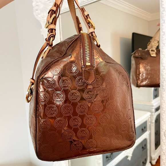 MICHAEL KORS Bronze Signature Logo Patent Leather Grayson Satchel Shoulder Bag - Picture 2 of 12